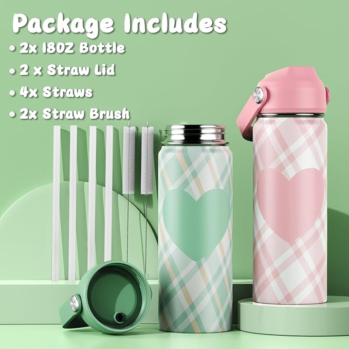 18oz Kids Insulated Water Bottle with Straw Lid - 18/8 Stainless Steel Kid Cup Travel Tumbler Double Wall Vacuum Leak Proof Portable Toddler Water Bottle (Plaid Pink+Green） - Bloomnest
