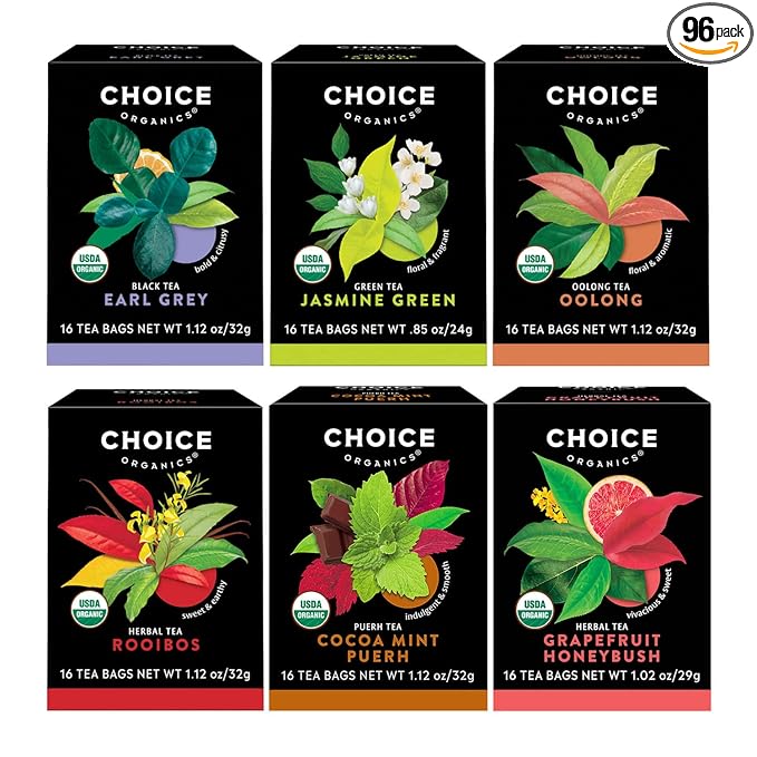 Choice Organic Teas - Favorites Variety Pack Sampler - Includes Earl Grey, Jasmine Green, Oolong, Rooibos, Cocoa Mint Puerh, and Grapefruit Honeybush Organic Teas - 96 Tea Bags (Pack of 6) - Bloomnest