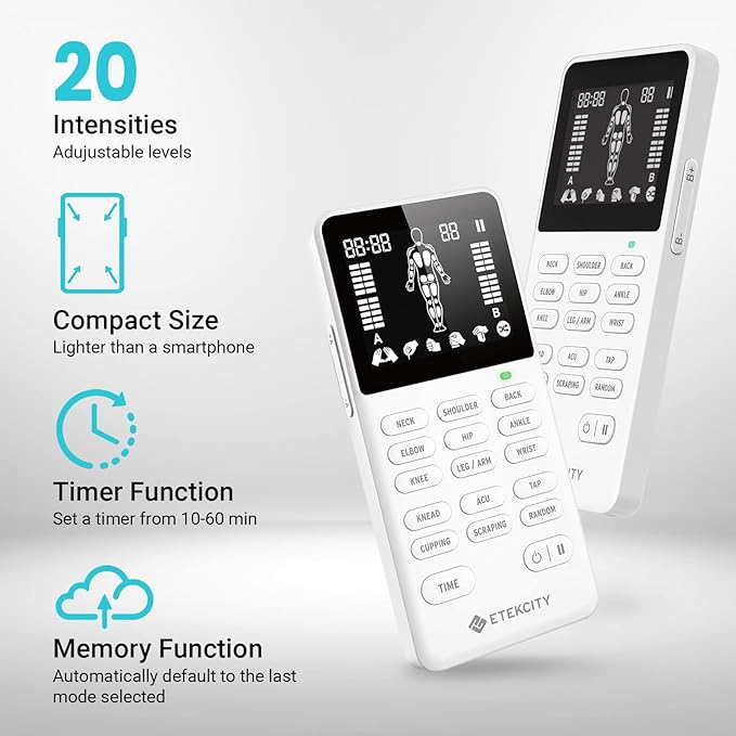 Etekcity 4-Channel Rechargeable TENS Unit,FSA-HSA Eligible Muscle Stimulator for Pain Relief, After-Exercise Relaxation, Physical Therapy, 8 Electrode Pads, Back,Neck,Shoulder,Sciatica, Period Cramps Etekcity