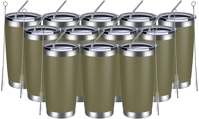 MEWAY 20oz Tumbler 12 Pack Double Wall Vacuum Insulated Travel Mug Bulk, Stainless Steel Tumblers with Lid and Straw, Durable Powder Coated Coffee Cups for Cold & Hot Drinks (Army Green, 12) - Bloomnest