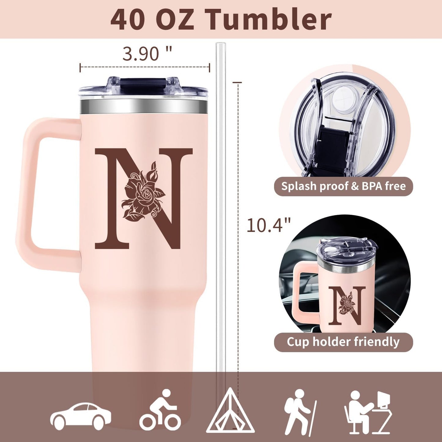 Monogrammed 40oz Tumbler with Handle for Women, Personalized Birthday Gifts for Women,Initial Cups for Woman Pink Letter N,Customized Gifts for Female Lady Gift for Mothers Day Christmas