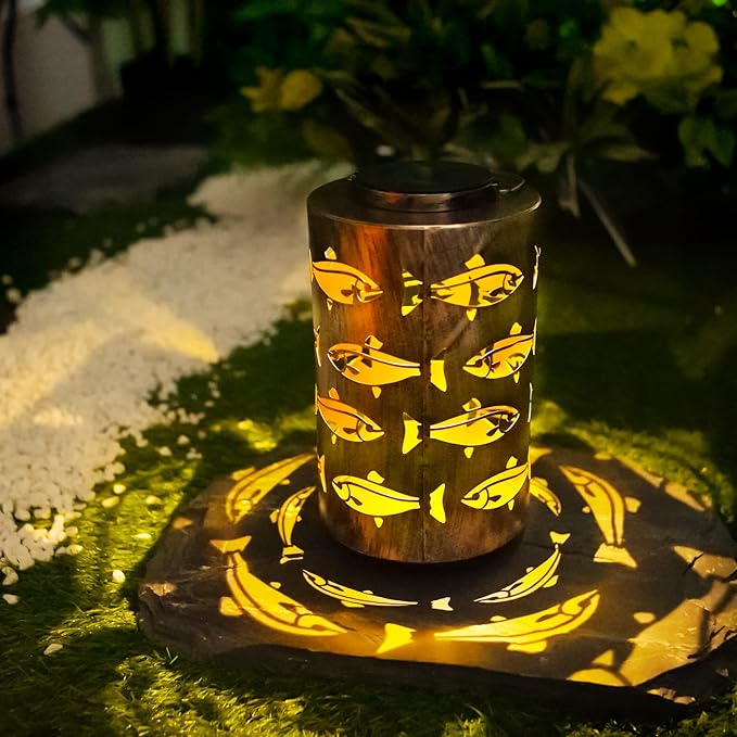 HONGLAND Solar Hanging Lanterns Outdoor, Waterproof Hollowed-Out Fish Design with Warm White LED, Auto On/Off Solar Lantern for Garden, Patio, Porch Decor - Bloomnest