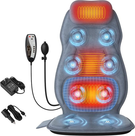Back Massager with Heat, Full Body Massage Pad with Pillow Neck Support, Soft Plush Fabric Cover, Chair Massager with 3D Lumbar Truction and 8 Vibration Motors, Gifts for Dad Mom, Home Office Use - Bloomnest