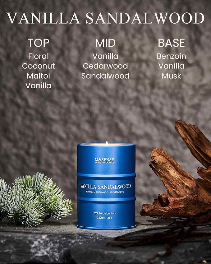M&SENSE Vanilla Sandalwood Scented Candles Natural Non Toxic, Aromatherapy Candle for Stress Relief Meditation Relaxing, Housewarming Gifts for Women Men, 11.3oz 70 Hour Long Burning - Bloomnest
