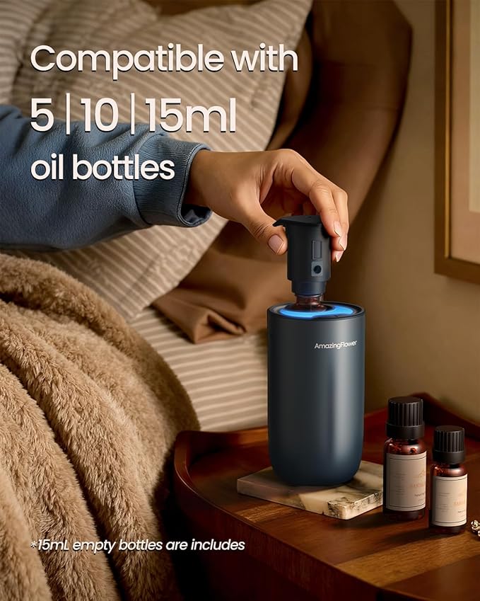 Waterless Diffuser for Essential Oil, Smart Car Air Freshener Diffuser with 3 Mist Grades & 3 LED Light Colors, Auto On/Off, Rechargeable Scent Air Machine - Bloomnest