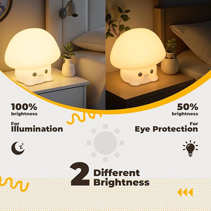 LED Squishy Animal Night Light - 2 Level Dimmable Nursery Lamp for Kids, Rechargeable Touch Lamp, Cute Dorm Decor - Perfect Baby Boys Girls Gift (Cartoon Mushroom) - Bloomnest