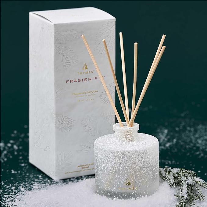 Thymes Frasier Fir Reed Diffuser Set – Includes Reeds, Fragrance Oil, and Frosted Glass Bottle – Fragrance Oil Diffuser – Room Fresheners – Luxury Home Decor – White (Flocked, 4 fl oz) - Bloomnest