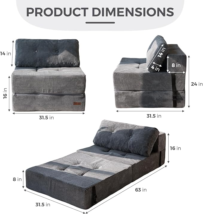MAXYOYO Folding Sofa Bed, Convertible Sofa Bed with High-Density Support Foam, Portable 4 in 1 Fold Out Chair to Floor Lounger, Versatile Floor Couch for Living Room Bedroom, Dark Grey - Bloomnest