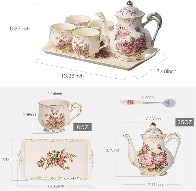 YOLIFE Porcelain Tea Set Vintage Rose, Tea Cups with Teapot, Serving Tray and Teaspoon Service for 4, Suitable for Tea Party Gifts - Bloomnest