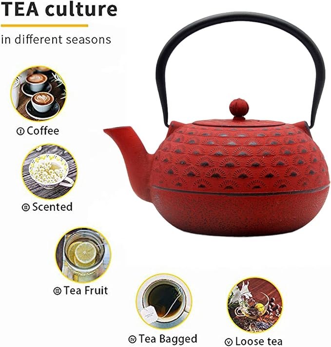 YJX 60.9 fl oz Cast Iron Teapot, Large Tea Kettle for Stove Top, Red Tea Pot with Stainless Steel Infuser for Loose Tea, 1.8L Japanese Enameled Metal Teapot - Bloomnest