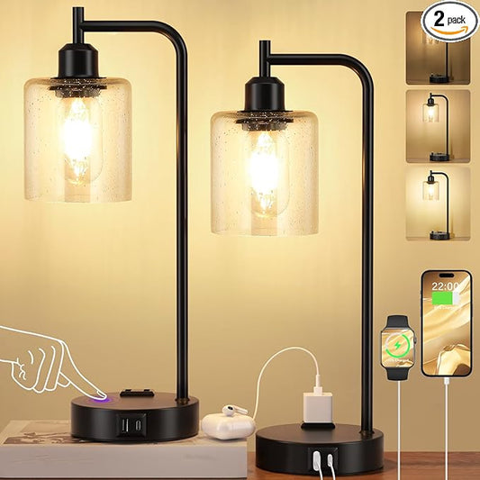Industrial Touch Table Lamps for Bedrooms Set of 2 - 3-Way Dimmable Lamps with USB C+A Ports and Outlet, Black Bedside Lamps with Seeded Clear Glass Shade for Living Room, Desk Lamps for Home Office - Bloomnest