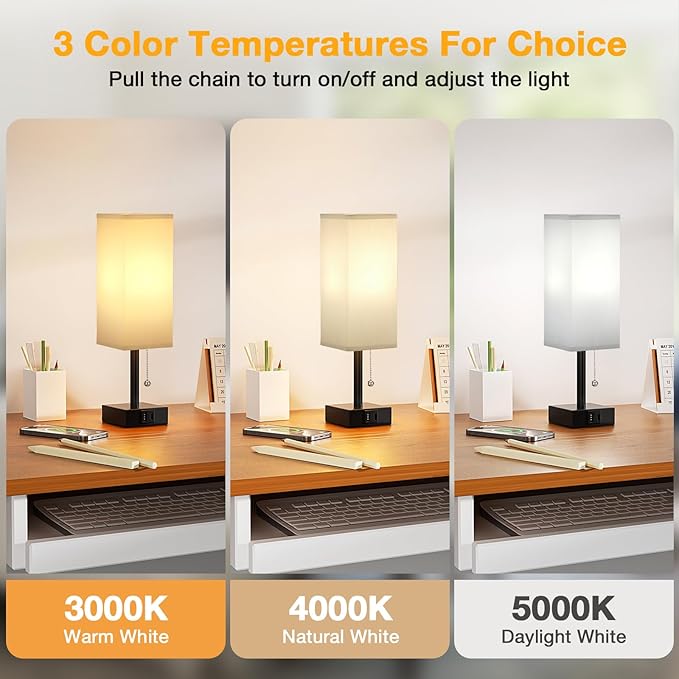 Gray Small Bedroom Lamp - 3 Color Temperature 3000K 5000K 4000K Bedside Lamp, Pull Chain Control, USB A and C Charging Ports, Black Base, for Kids Office Dorm, Bulb Included - Bloomnest