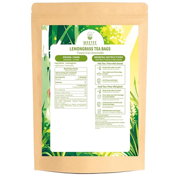 WT WEETEE Lemongrass Tea Bags, 100 Count Pure Lemon Grass Leaves Tea Bags, Natural Caffeine Free Herbal Tea - Bloomnest