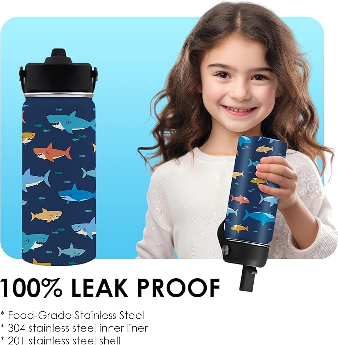 Shark Gifts for Kids 16 oz Kids Water Bottle with Straw Lid, Stainless Steel Insulated Tumbler, Leak Proof, BPA - Free, Cool Shark Pattern Mug for Travel, Daily use(1pc) - Bloomnest