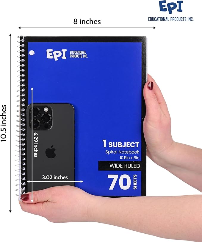 EPI Spiral Notebook | Wide - 70 Sheets, Durable Spiral Binding | 10.5 x 8 in | Classroom Supplies | School, Office, Note Taking, Journaling - 6 Pack - Bloomnest