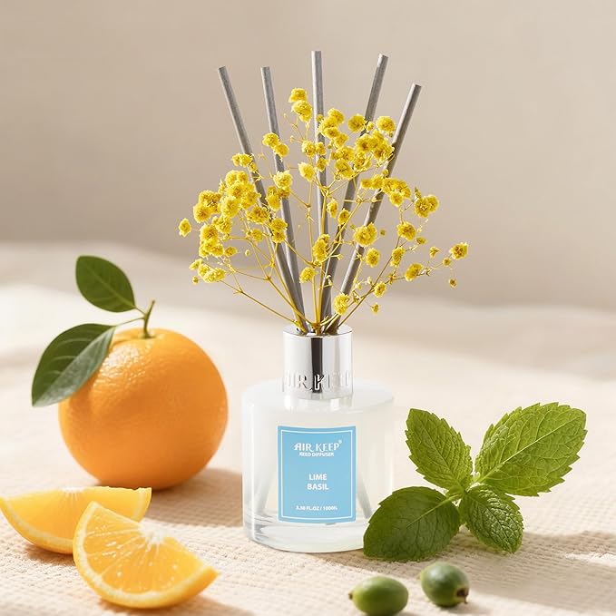 Airkeep Reed Diffuser Set,3.38 fl oz (100 ml) - Lime Basil Oil Diffusers with 8 Reed Sticks, Home Fragrance Reed Diffuser for Bathroom Shelf Decor - Bloomnest