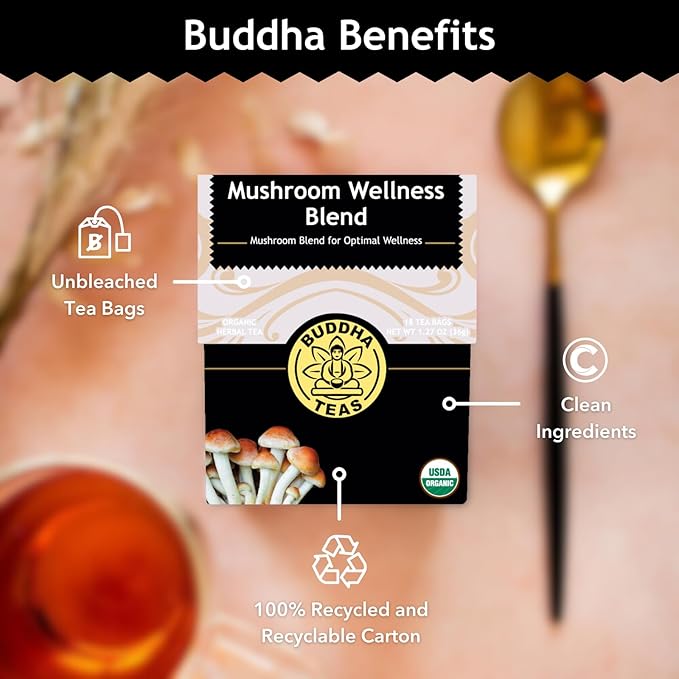 Buddha Teas - Organic Mushroom Wellness Blend - Herbal Tea - For Health & Wellbeing - With Antioxidants & Minerals - Clean Ingredients - Caffeine Free - OU Kosher & Non-GMO - 18 Tea Bags (Pack of 1). - Bloomnest