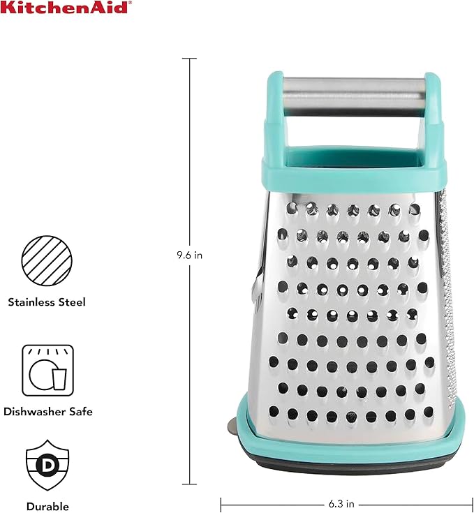 KitchenAid Gourmet 4-Sided Stainless Steel Box Grater for Fine, Medium and Coarse Grate, and Slicing, Detachable 3 Cup Storage Container and Measurment Markings, Dishwasher Safe, 10 inches tall, Aqua - Bloomnest