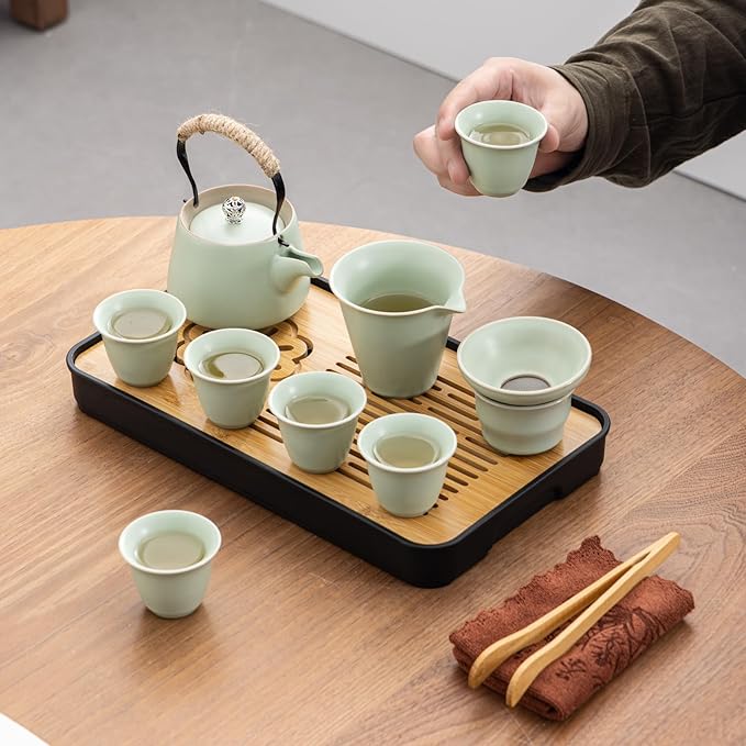 Travel tea set,Portable ceramic tea set,Chinese tea set,Tea sets for adults,Tea pot sets,Portable Travel Bag,Home,Gifting,Outdoor and Office,茶具 (Light green) - Bloomnest