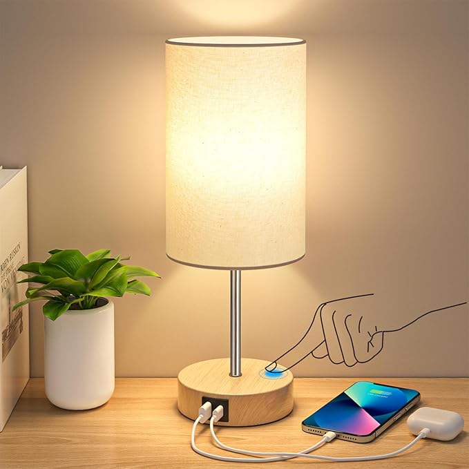 AKASUKI Table Lamp for Bedroom, 3 Way Dimmable Touch Lamp with Dual Charging Station, Small Bedside Lamps for Night Stands, Living Room, Office(LED Bulb Included) - Bloomnest