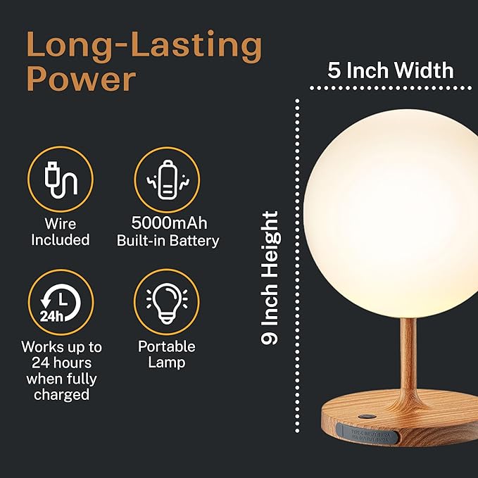 Cordless Lamp, 5000mAh Battery Operated Rechargeable Table Lamp with Power Bank, Touch Dimmable 3 Color Temperatures, IP44 Waterproof Shower Lamp for Kitchen, Bathroom, Indoor Or Outdoor Use 9.6in - Bloomnest