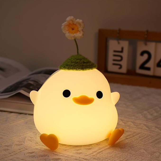 Attivolife Cute Duck Night Light, Animal Soft Silicone LED Lamp with Dimmable and Timer, Portable USB Rechargeable Bedroom Bedside Table Decor, Birthday Christmas Gifts for Girl Boy (Flower Hat) - Bloomnest