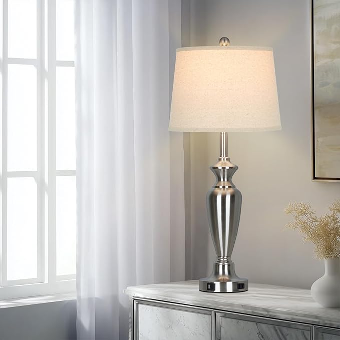30" Tall Silver Table Lamps Set of 2 for Living Room, 3-Way Dimmable Touch Control Bedside Lamps for Bedroom Nightstand with USB A+C Ports & AC Outlet (2 LED Bulbs Included) - Bloomnest