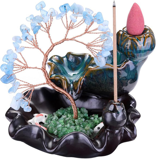 Jovivi Backflow Incense Burner Ceramic Incense Waterfall, Natural Aquamarine Healing Crystal Money Tree Incense Holder for Wealth, Good Luck, Yoga Meditation, Home Decor - Bloomnest