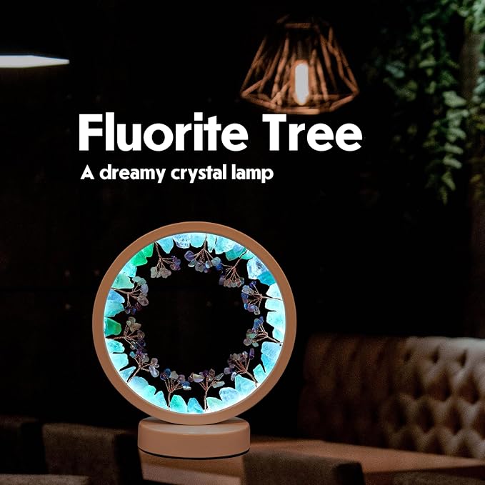 Runyangshi Natural Crystal Green Fluorite Small Tree Round White Frame Tri-Color Ambient Light Home Decoration Night Light Mother's Day Gift - Bloomnest