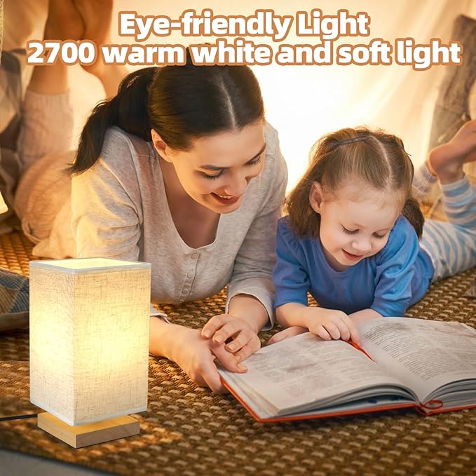 Small Square Bedside Table Lamp for Bedroom, Minimalist Wood Base & Round Fabric Shade, Mini Cute Cozy Warm Nightstand Boho Lamp, Study Desk Night Stand Light for Room, Dorm, Nursery, Living Room - Bloomnest