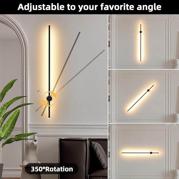 LED Wireless Wall Sconce with Remote Control, Dimmable/350° Rotate/Timing/USB Rechargeable Battery Powered Indoor Wall Lamps, 39.9 inch Black Wall Lights Set of Two for Hallway, Living Room, Bedroom - Bloomnest