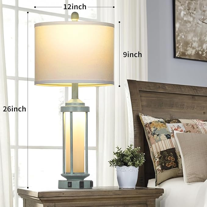 Farmhouse Table Lamps for Living Room, 27" Vintage Rustic Beside Lamp Set of 2 with USB A+C Charging Ports & AC Outlet, Retro Nightstand Lamp with Fabric Shade for Bedroom Entryway(4 Bulbs Included) - Bloomnest