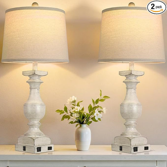 Farmhouse Table Lamp Set of 2, 28'' Bedside Lamps with USB A+C Port, Traditional Nightstand Lamps for Room, Vintage Table Lamp, Desk Lamp for Bedroom, Beige Lampshade, Rocker Switch, Bulb Included - Bloomnest