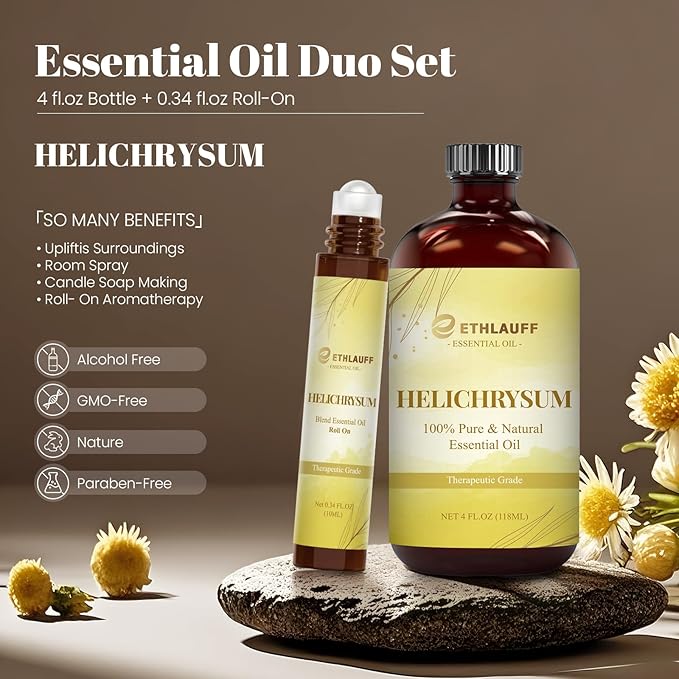 Helichrysum Essential Oil (4 fl.oz Bottle + 0.34 fl.oz Roll-On) — Helichrysum Oils for Aromatherapy, Diffusers, Humidifiers, Home fragrances, DIY Skincare, Candle, Soap Making, Relaxation, Yoga Ethlauff