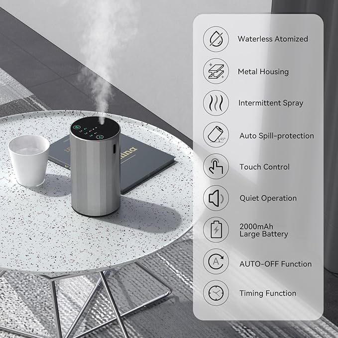 Waterless Essential Oil Diffuser Aromatherapy Scent Diffusers for Home Large Room, Bedroom, Car, Office, Desk, Battery Operated Mini Portable Air Freshener (Silvery) - Bloomnest