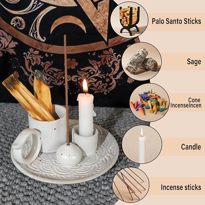 5-in-1 White Ceramic Palo Santo Burner & Holder - Small Candle and Smudge Tray for Incense Sticks & Cones, Sage, Zen Meditation Altar Accessory – Compatible with Matches for Aromatic Scents - Bloomnest