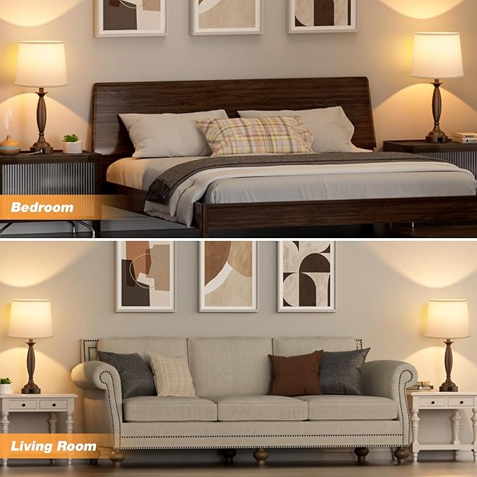 Seealle White Brown Lamps for Bedrooms Set of 2 - Touch Control Bedside Lamp with USB C+A, 3 Way Dimmable Nightstand Lamps with USB Port, Table Lamp for Living Room(White Shade and Brown Base) - Bloomnest