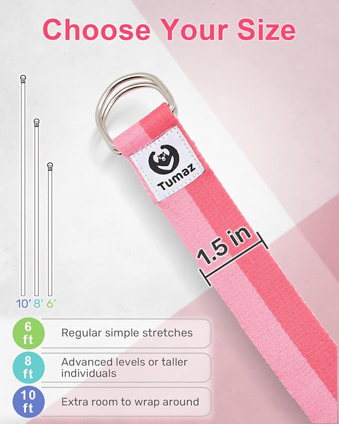 Tumaz Yoga Strap/Stretch Bands [15+ Colors, 6/8/10 Feet Options] with Extra Safe Adjustable D-Ring Buckle, Durable and Comfy Delicate Texture - Best for Daily Stretching, Physical Therapy, Fitness - Bloomnest