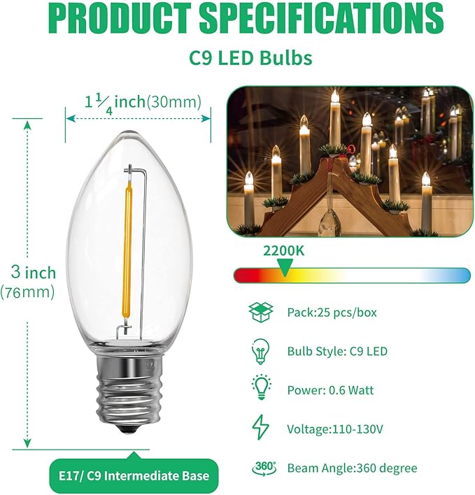Meconard C9 Led Replacement Christmas Light Bulbs, C9 Shatterproof Plastic Led Bulbs for Christmas Outdoor String Lights, E17 Intermediate Base, Commercial Grade Holiday Bulbs, Warm White, 50 Pack - Bloomnest