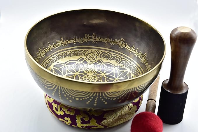 10 Inch Fine Etching Handmade Singing Bowl Yoga Meditation, with cushions and Mallet, Real Sandmade Singing Bowl from Nepal, healing bowls - Bloomnest