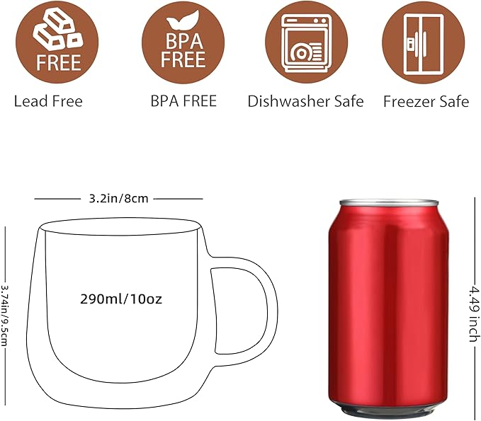 CNGLASS 10oz Double Walled Glass Coffee Mugs(4-pack),Clear Coffee Cups with Handle,Glass Espresso Mugs for Latte,Cappuccino,Tea - Bloomnest