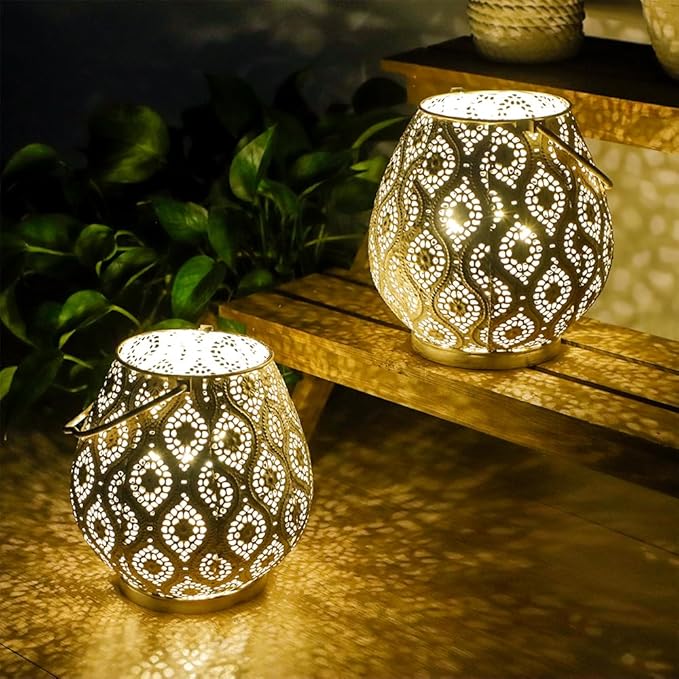 TRIROCKS Set of 2 Moroccan Decorative Lamps 8'' High Battery Powered Cordless Lamp Metal Table Lamps with Fairy Lights Bulb for Home Living Room Garden Yard Party Events Tabletop Indoor Outdoor(White) - Bloomnest