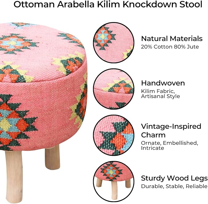 Arabella Pink Kilim Pouf Ottoman – 16" Round Handwoven upholstered Foot Stool with Washable Cover – Accent Knockdown Stool for Bedroom, Living Room, cottagecore, Boho & Farmhouse Decor - Bloomnest