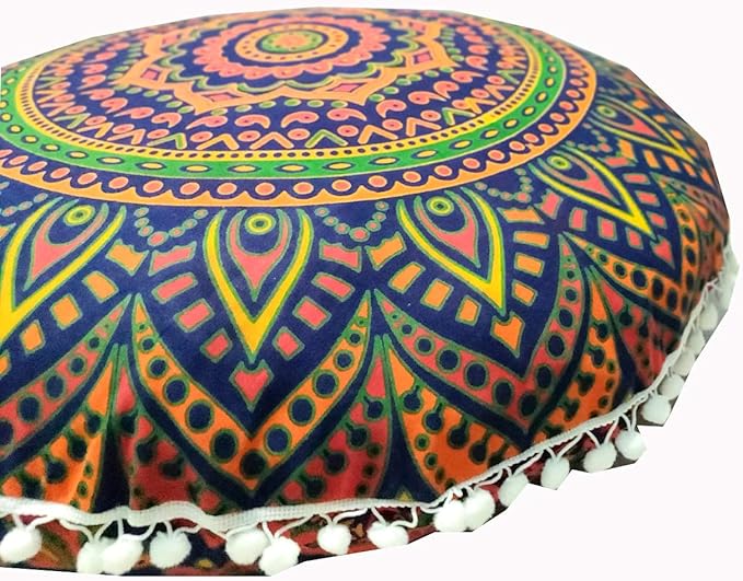 ICC New Blue Ombre 24" Mandala Barmeri Large Floor Pillow Cover Cushion Meditation Seating Ottoman Throw Cover Hippie Decorative Zipped Bohemian Pouf Ottoman Pom Pom Cases 24" Round - Bloomnest