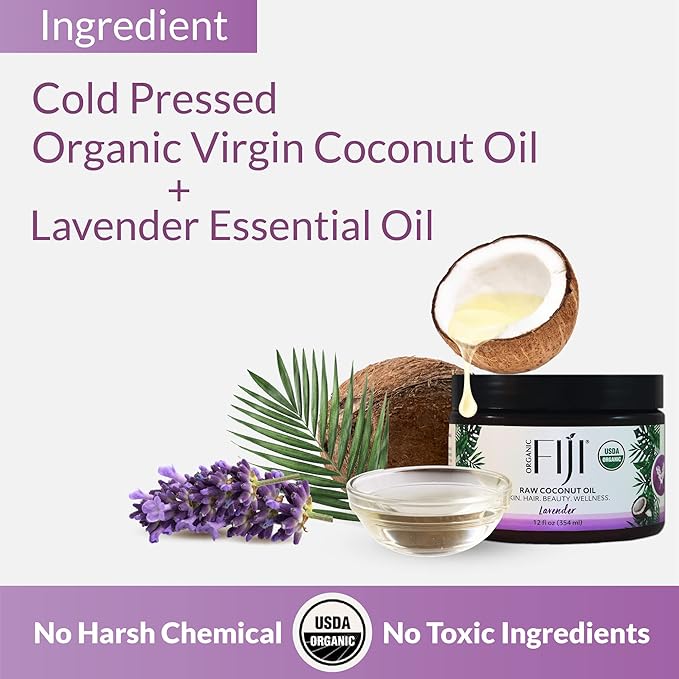 Organic Fiji Raw Cold Pressed Coconut Oil for Hair, Skin, Face & Body | Relaxing Massage Oil | Lavender,12 oz for Women Men & Baby - Bloomnest