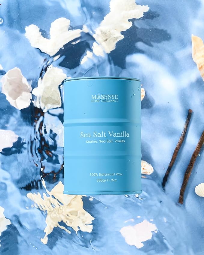 M&SENSE Sea Salt Vanilla Beach Scented Candles, Coastal Soy Candle, Summer Candle for Stress Relief Meditation Relaxing, Housewarming Gifts for Women Men, 11.3oz 70 Hour Long Burning - Bloomnest