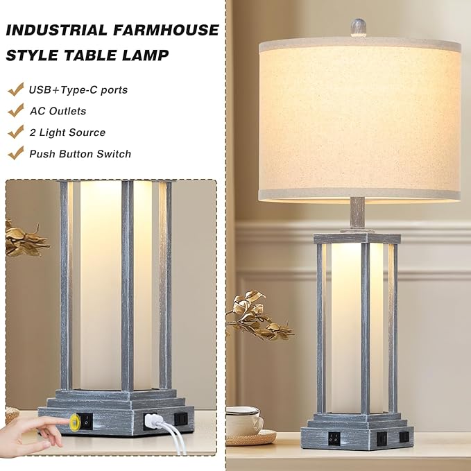 27" Tall Vintage Table Lamp Set of 2 with USB C+A & Outlet,Gray Nightstand Lamp for Living Room,Retro Bedside Lamps with Frosted Glass Night Light for Bedroom Entryway,Grey - Bloomnest