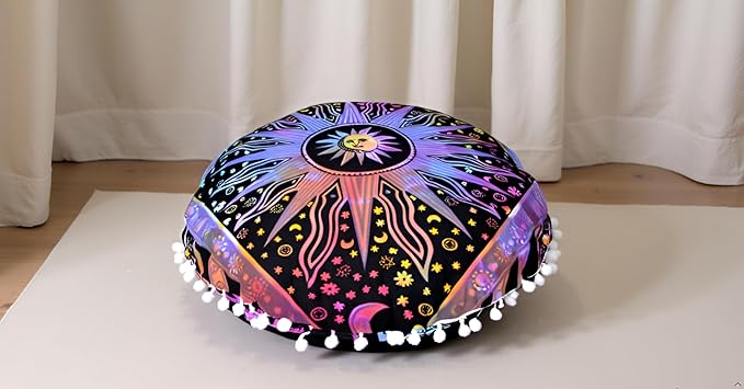 CRAFT KALA Large Round Bohemian Floor Pillow Pouf Cover Mandala Meditation Room Pillow Cover for Adults Boho Seating Poufs Cushion Cover for Kids Playroom 32" Round Multi Purple Burning Sun - Bloomnest