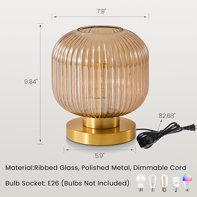 Mid Century Globe Table Lamp: Amber Vintage Pumpkin Ribbed Glass Dimmable Plug in Bedside Lamps - Cute Brass Gold Modern Side Table Lamp Nightstand Light for Bedroom Entryway Office Desk Living Room - Bloomnest