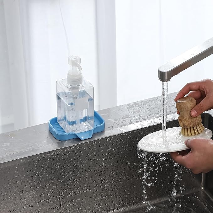Silicone Bathroom Soap Dishes with Drain Spout-Bathroom and Kitchen Sink Organizer,Sponge Holder,Dish Soap Tray,Perfect for Dispenser,Scrubber,Bottle on Sink or Counter-Light Blue 4.9"×3.2" - Bloomnest